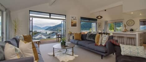 Living room with wrap around deck 270 deg views of Lake, Remarks, Town & Gondola