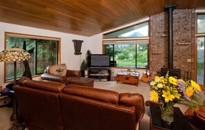 Comfortable family room with gas fireplace.