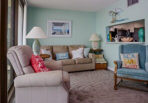 Queen size sofa bed and comfy recliner in the living room