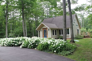 Front view with beautiful hydrangeas in full bloom.