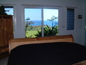 Jungle room with ocean view.from bed. (with black bedspread)