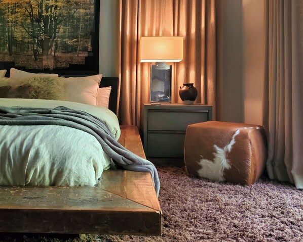 Beautiful RH inspired master bedroom with luxurious platform bed