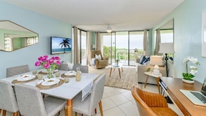 Bright, beautiful, beachy view of the ocean from your living room & dining area