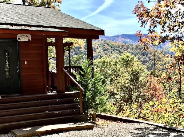 Front Entry from Parking area - some of the more recent updates include: freshly stained cabin and the updated Deck that is even larger!