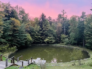 Stream-fed swimming pond with dock during a beautiful sunset! 