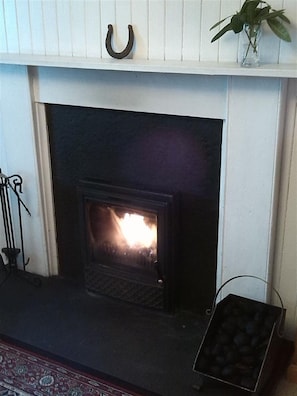 Glass-fronted casette stove in the sitting room. Solid fuel provided.