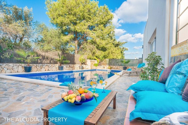 Large pool with hammocks and BBQ area