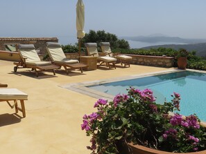 Swimming pool area, south of Zakynthos in the distance