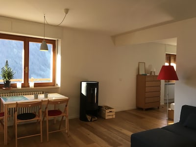 Apartamento contemporáneo con estufa de leña y terraza privada con vistas a la montaña.