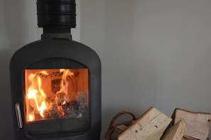 Harvest Moon ground floor: The wood burning stove with plenty of logs supplied