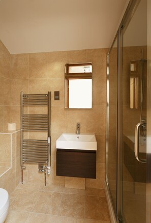 Bathroom with large shower.