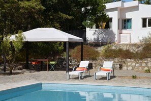 Swimming pool and house outside view