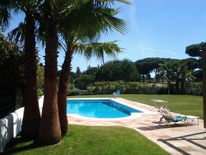 Private back garden with large pool