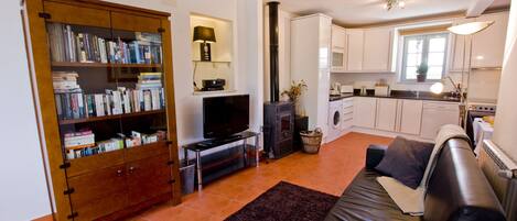 Lounge area in apartment 3 featuring a log burner and flat screen TV DVD combo.