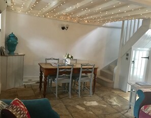 fairy lights in the ceiling for ambient lighting in evening 