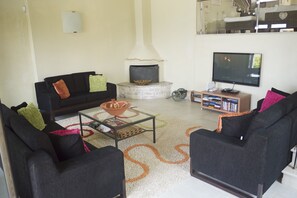 Lounge area with open fireplace, plasma TV, CD player and Wii system