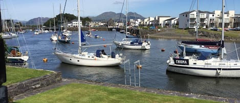 View of Porthmadog harbour through the patio window