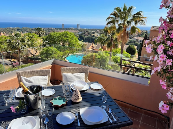 Glass balcony on the terrace drining area maximizing the expansive sea views 