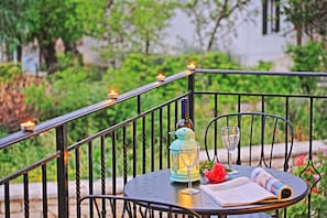 Chair and tables outside