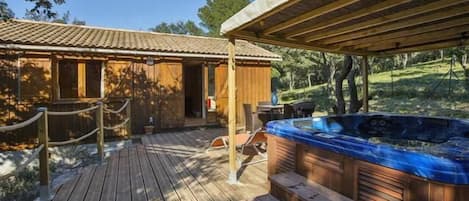 the cabin and its hot tub