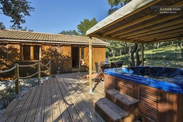 the cabin and its hot tub