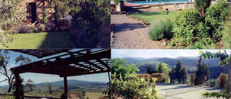 The main pool with solar heating, tennis court and outside dining area