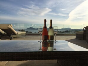 Upper terrace. Comfortable seating area with shade. Panoramic sea views. 
