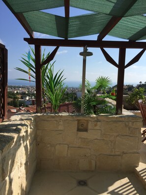 Private roof terrace and garden with splash shower and views to the sea