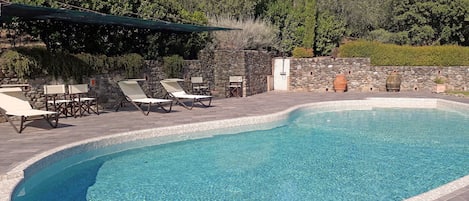 Lovely swimming pool with high quality pool furniture, surrounded by olive trees