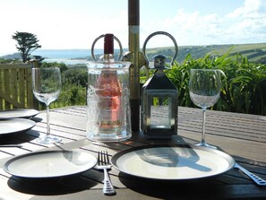 Dinner alfresco, Burgh Island in the distance. 