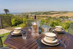 Dinner in the garden, with magnificent views.