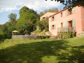 View of the guest house and pool.
