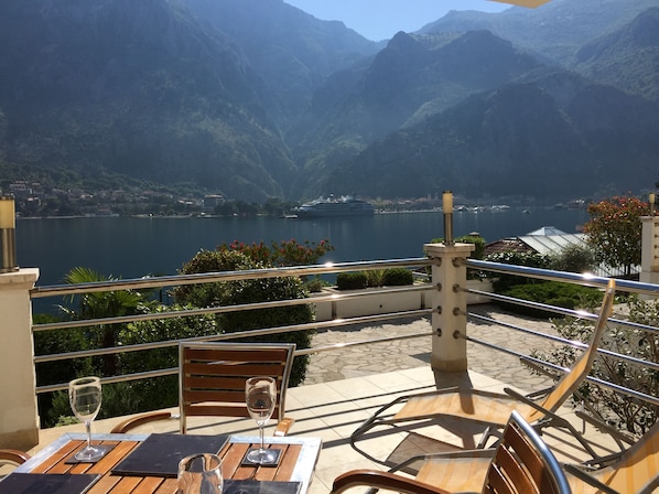 View from terrace accross fjord to Kotor