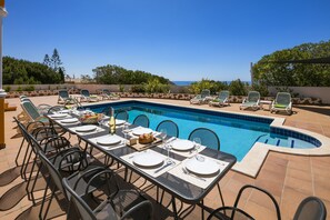 Gorgeous, spacious pool terrace. BBQ and outdoor dining. Plenty of sun loungers.