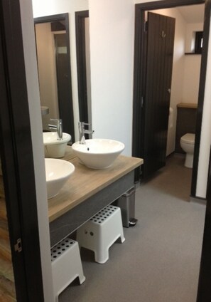 Bathroom Double sinks with Childrens Foot Stool