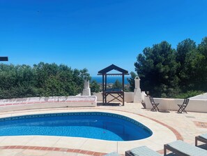 Private pool with Sun loungers, Shaded Seating, Meditation Table & Sea Views