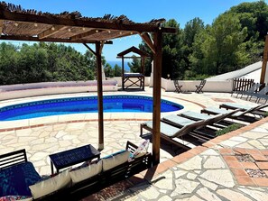 Private pool with Sun loungers, Shaded Seating, Meditation Table & Sea Views