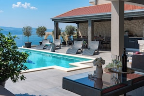 Private 32m2 heated pool with sundeck area, 8 lounge chairs and 2 parasols