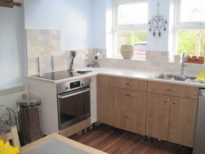 A beautiful light area with induction hob and fan oven and dishwasher