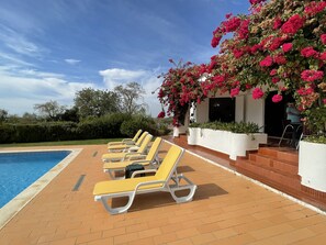 Villa Julia steps from the lovely covered terrace to pool terrace, pool, garden, extensive lawn areas, plants & flowers.