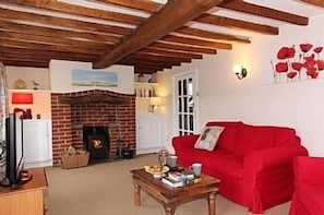 Lounge with comfortable sofas & wood burning stove