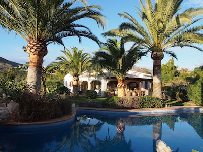 Una increíble casa familiar ubicada en terrenos tranquilos con una forma libre con flecos de palma