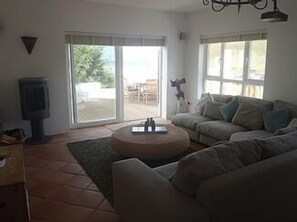 Lounge, sea view, 10 seat sofa, wood burner