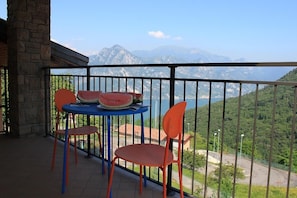 both terraces have tables and lake view