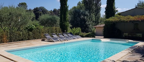 La piscine de 9m x 4.5m, plus 1.5m d'escalier roman avec remous. 