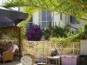 Outside kitchen area and pergoda