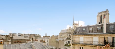 View from the lounge on Notre Dame towers and Paris rooftops
