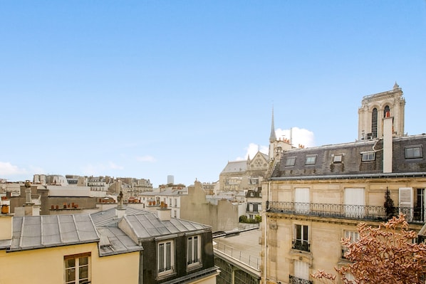 View from the lounge on Notre Dame towers and Paris rooftops
