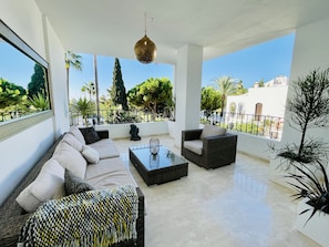 The wonderful terrace with pool, and a bit of Seaview.  