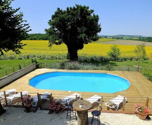 Pool and view over sunflower fields.